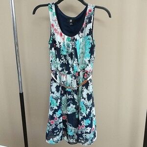 Iz Byer Blue floral Spring Dress with braided belt